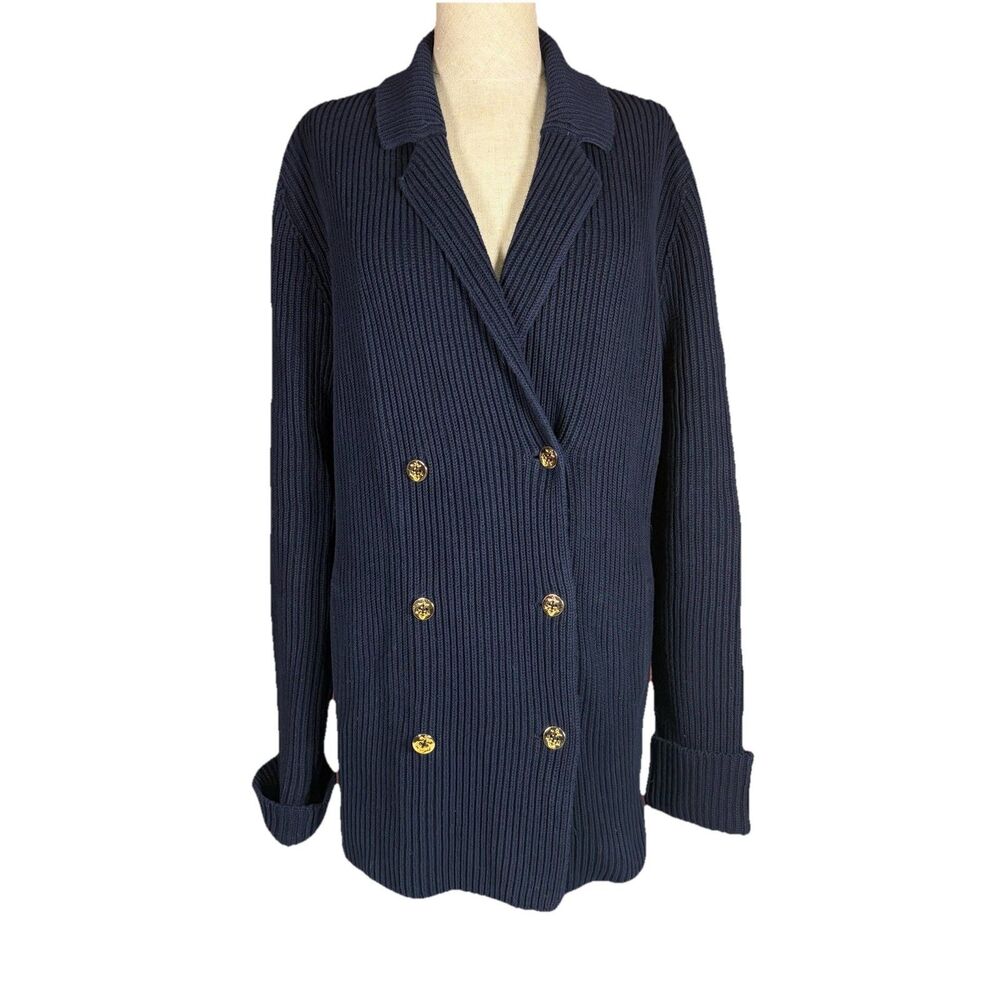 Ralph Lauren Ribbed Heavy Nautical Blue Cardigan Sweater Women’s Size M Cotton